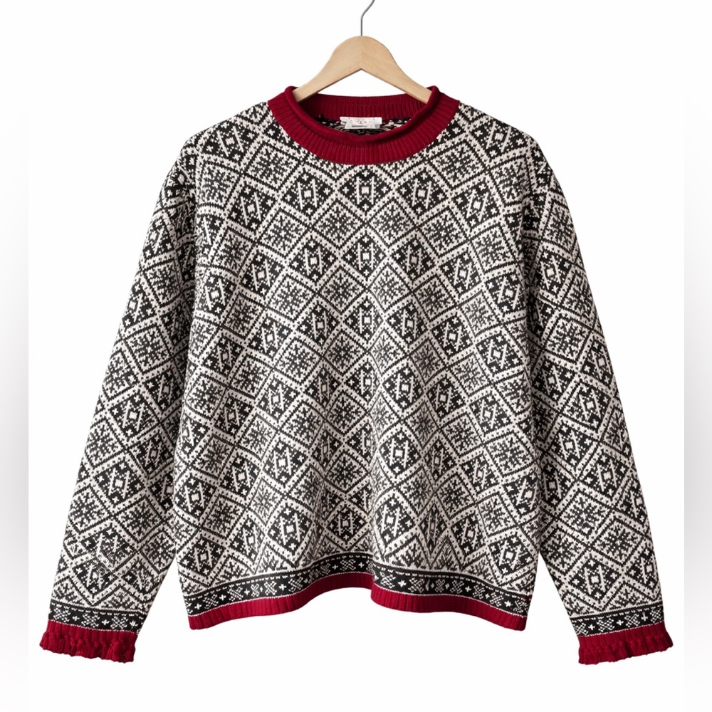 Talbots Fair Isle Nordic Knit Sweater Tassel Cuffs Red Black XL Snowflake Warm